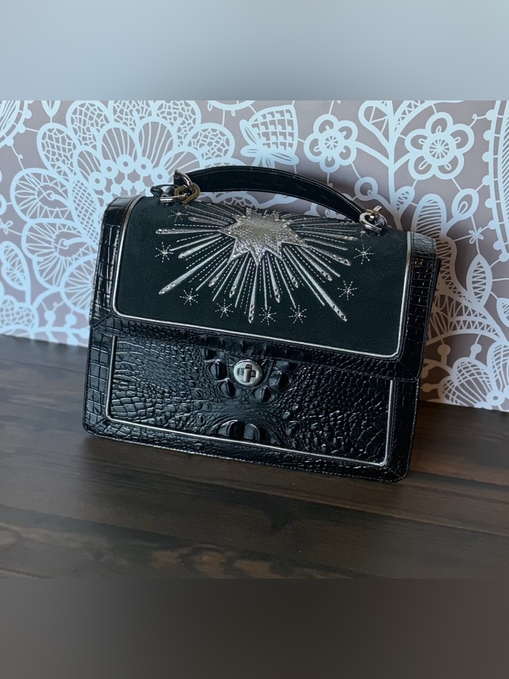FIRM Brahmin Hallie Black Revel Luxury CRYSTALS ITALIAN SUEDE Satchel Bag $495 - Picture 2 of 13